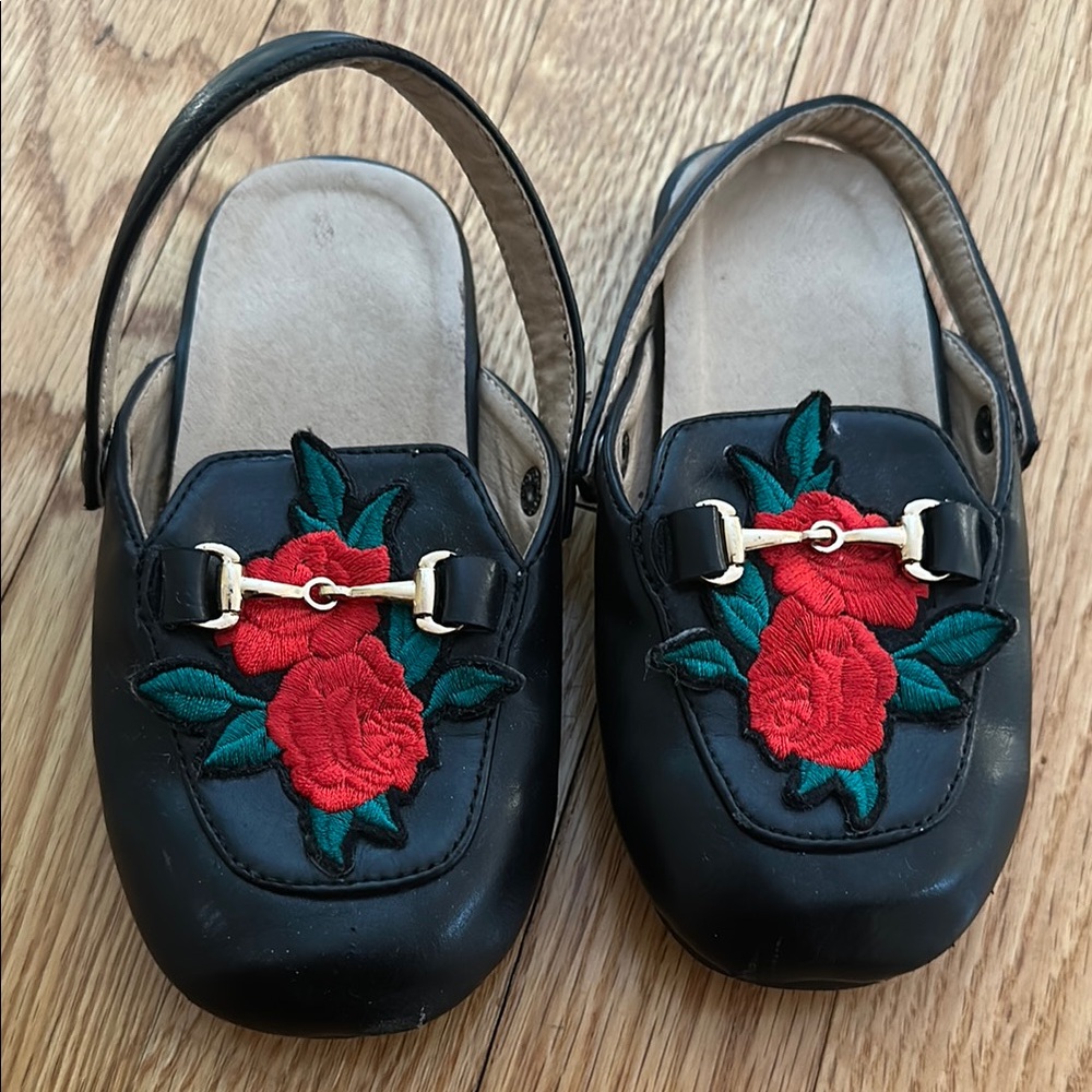 Black Floral Embroidered Slingback Loafers